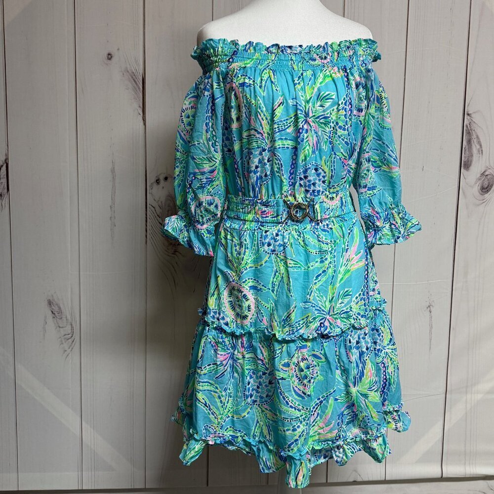 Lilly Pulitzer Louisa‎ Off-Shoulder Dress Small Bermuda Blue Turtle Szn EUC